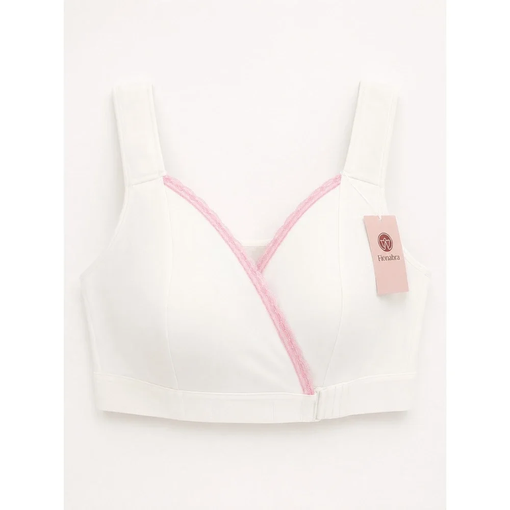 NWT FionaBra Front Wrap Closure Bra Women 4XL White Pink Lace Trim Adaptive